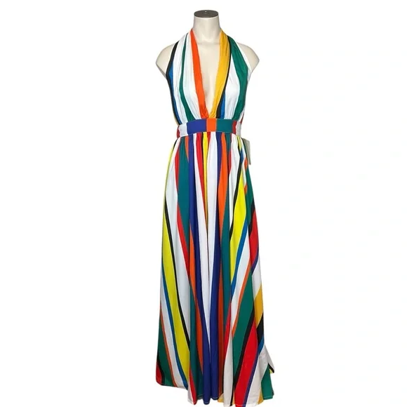 BOSTON PROPER sz 2 Pleated Wild Halter Maxi Sundress Multi - Picture 4 of 15